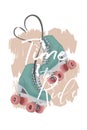 Blue roller skates decorated with roses on pink background.
